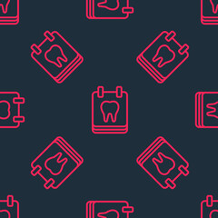 Red line Calendar with tooth icon isolated seamless pattern on black background. International Dentist Day, March 6. March holiday calendar. Vector