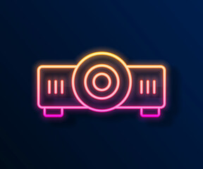 Glowing neon line Presentation, movie, film, media projector icon isolated on black background. Vector