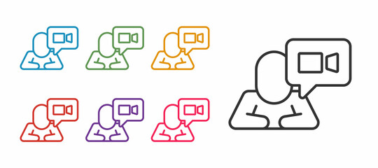 Set line Video chat conference icon isolated on white background. Online meeting work form home. Remote project management. Set icons colorful. Vector