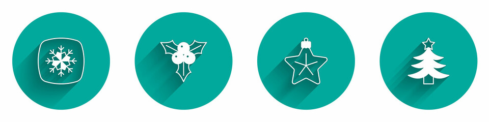 Set Snowflake, Branch viburnum, Christmas star and tree icon with long shadow. Vector