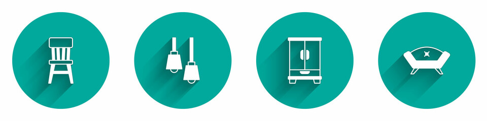Set Chair, Lamp hanging, Wardrobe and Sofa icon with long shadow. Vector