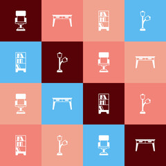 Set pop art Office chair, desk, Library bookshelf and Floor lamp icon. Vector
