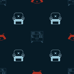 Set Sofa, Library bookshelf and Armchair on seamless pattern. Vector