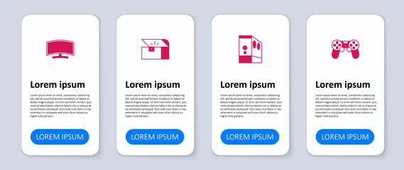 Set Game controller or joystick, Case of computer, Chest for game and Computer monitor. Business infographic template. Vector