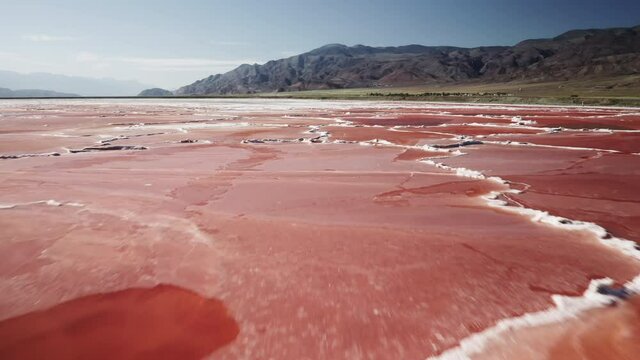 Mining of potash salt, salt evaporation aerial view of industrial quarries in white red colors, drone view on meat-like red texture and pattern. Owens lake in Death Valley, California, USA 4K aerial