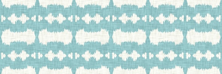 Aegean teal geometric border strip linen texture background. Summer coastal living style home decor fabric effect. Sea green wash grunge edge material. Decorative textile geo seamless pattern banner.