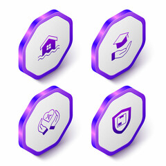 Set Isometric House flood, Education grant, Life insurance and Delivery security with shield icon. Purple hexagon button. Vector