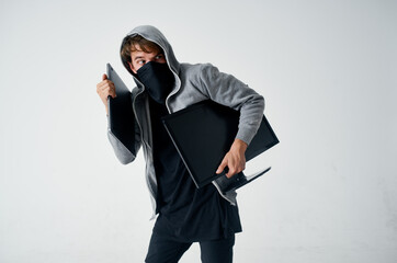 masked man hooded head hacking technology security isolated background