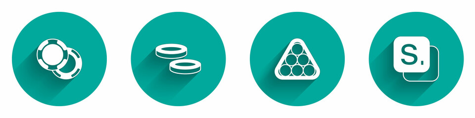 Set Casino chips, Checker game, Billiard balls triangle and Bingo icon with long shadow. Vector