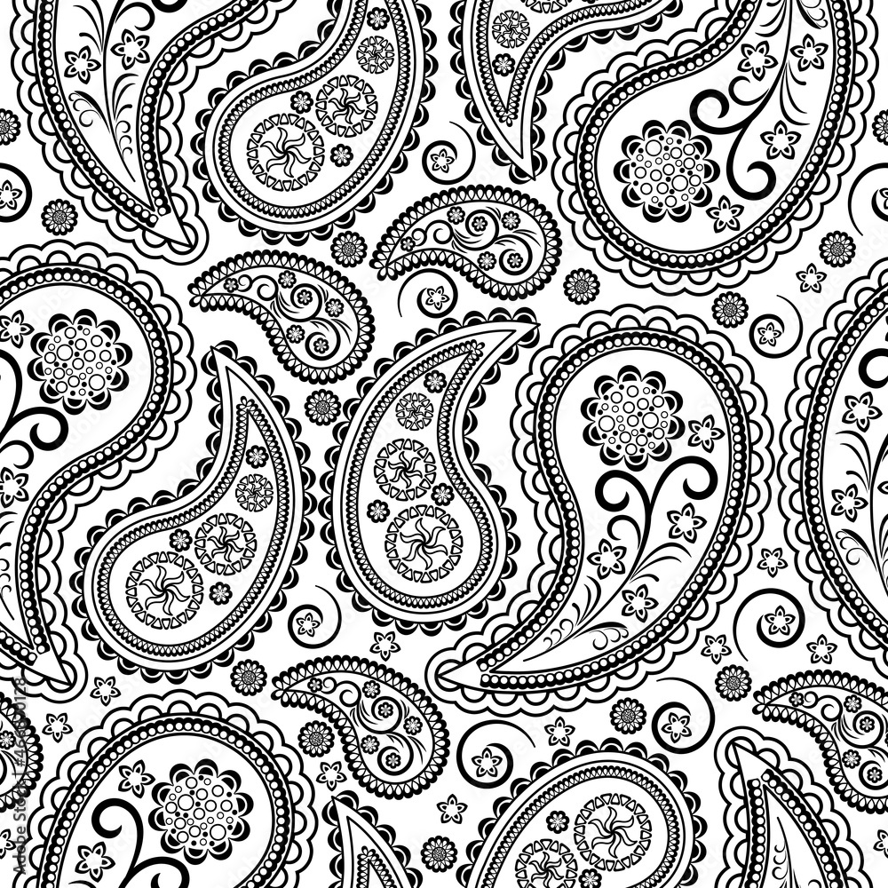 Wall mural seamless vector pattern based on traditional oriental paisley elements, indian cucumber, buta. black