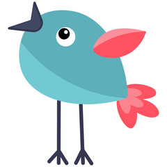 Cute abstract flat bird in blue. Vector isolated illustration in minimalism style. Transparent background. Close-up. Stylish bird for your design.