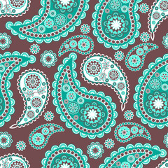 Seamless vector pattern, based on traditional oriental paisley elements, Indian cucumber, buta. The background is colorful, suitable for textiles, wallpapers, wrapping paper.