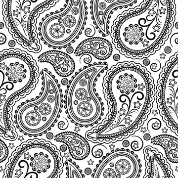 Seamless vector pattern based on traditional oriental paisley elements, Indian cucumber, Buta. Black pattern on a white background, suitable for textiles, fabrics, wallpapers, wrapping paper.