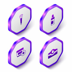 Set Isometric Makeup brush, Essential oil bottle, Sunscreen cream in tube and Acne icon. Purple hexagon button. Vector