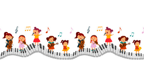 seamless border, girls with musical instruments stand on the piano keys. vector isolated on a white background.