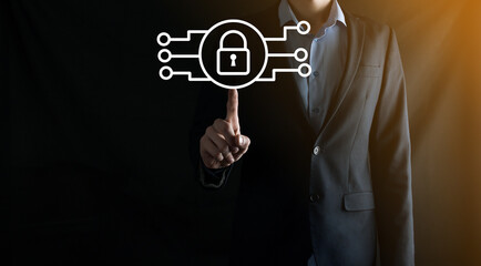 Cyber security network. Padlock icon and internet technology networking. Businessman protecting data personal information on tablet and virtual interface. Data protection privacy concept. GDPR. EU