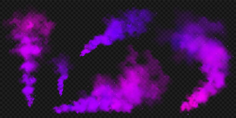 Realistic purple colorful smoke clouds, mist effect. Colored fog on dark background. Vapor in air, steam flow. Vector illustration.