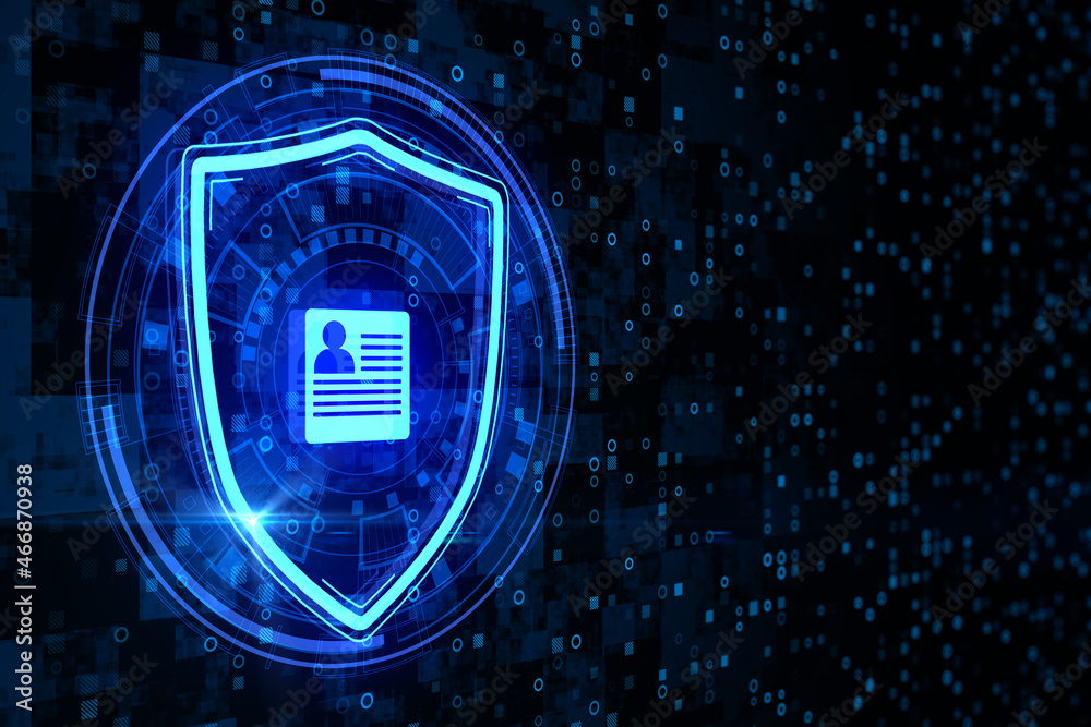 Poster Abstract glowing shield with document icon on dark binary code background with mock up place. Digital transformation and security concept. 3D Rendering.