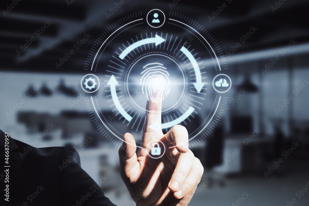 Poster close up of businessman hand pointing at abstract glowing fingerprint id scanning interface on blurr