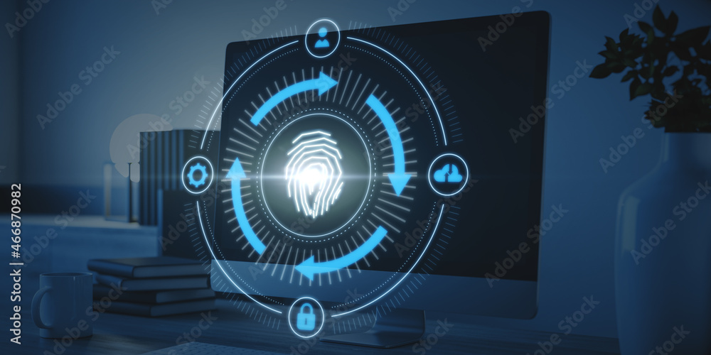 Poster Close up of computer on desktop with abstract glowing fingerprint id scanning interface on blurry background. Biometrics and safety concept. 3D Rendering.