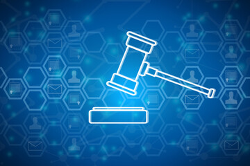 Creative digital gavel on blue background. Online auction and technology concept. 3D Rendering.
