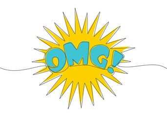 Single continuous line drawing of motivational and inspirational lettering typography quote - OMG! - Oh My God!. Calligraphic design for print, card, banner, poster. One line draw design