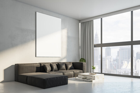 Modern living room interior with empty white mock up poster on concrete wall, big couch, other pieces of furniture, curtain, window with daylight and city view. 3D Rendering.