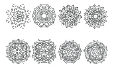Set of abstract circular patterns in form of mandala with geometry elements and small details. Vector illustrations for coloring book, henna, mehndi, tattoo, logo