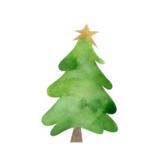 Watercolor Christmas tree illustration.  Hand painted New Year tree with gold star isolated on white background.