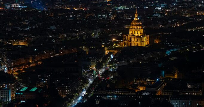 Time Lapse of Church Saint-Louis des Invalides in Paris seen at night from a high viewpoint