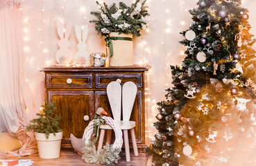Christmas, New Year's decor of the children's room made of natural materials in dark colors