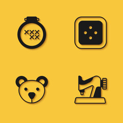 Set Round adjustable embroidery hoop, Sewing machine, Teddy bear plush toy and button for clothes icon with long shadow. Vector