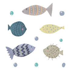 Collection of hand drawn colorful fish illustrations. Illustrations for cards, decor, prints. 