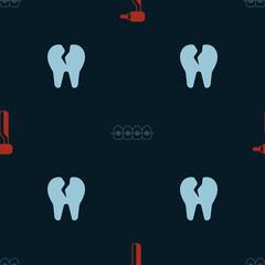 Set Tooth drill, Teeth with braces and Broken tooth on seamless pattern. Vector