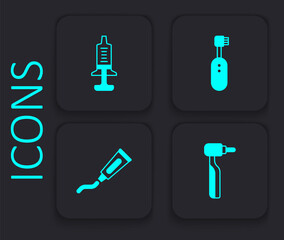 Set Tooth drill, Syringe, Electric toothbrush and Tube of toothpaste icon. Black square button. Vector