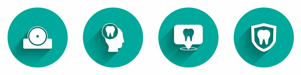 Set Otolaryngological head reflector, Toothache, Dental clinic location and protection icon with long shadow. Vector