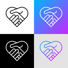 Handshake in heart thin line icon. Symbol of charity, togetherness, agreement and collaboration. Modern vector illustration.