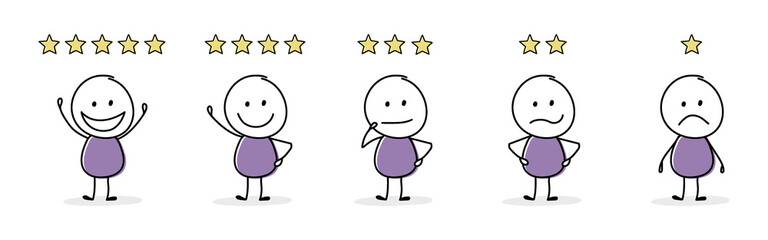 Funny star rating with cartoon stickman. Appraisal design. Vector