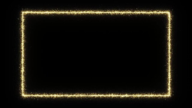 Abstract glowing gold dust particles are flying out from a frame in seamless animation. Glitter luxury premium loop background. Flowing digital particles with bokeh. Christmas or eve background design