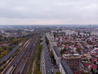 Fototapeta premium Aerial autumn view of Basarab station, many railways. Bucharest. Romania