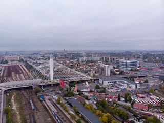 Aerial autumn view of Basarab bridge and North station. In the backgroud there is The People's Salvation Cathedral. Bucharest, Romania
