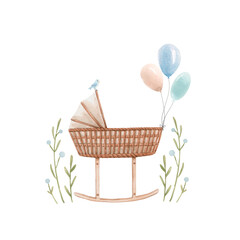 Beautiful composition with hand drawn watercolor baby cradle crib air baloons and flowers. Stock clip art illustration for boy.