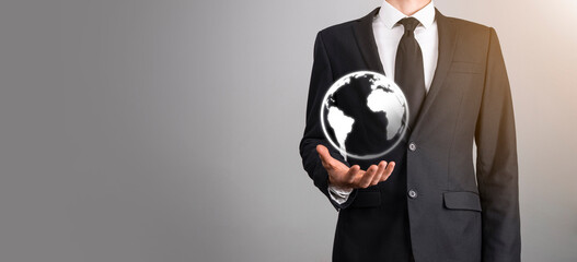 Businessman man hand holding Earth icon , digital globe.