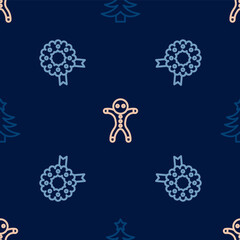 Set line Christmas tree, wreath and Holiday gingerbread man cookie on seamless pattern. Vector