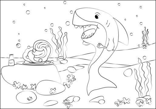 Picture coloring. A shark eats spaghetti with a fork on the seabed. Assignment for children can be used in a book, magazine