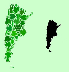 Vector Map of Argentina. Composition of green grapes, wine bottles. Map of Argentina collage designed from bottles, grapes, green leaves. Abstract collage is designed for patriotic agitation.
