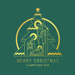 Merry Christmas and happy new year banner - modern gold line The Nativity with mary and joseph in a manger with baby Jesus and Christmas tree on green background vector illustration design