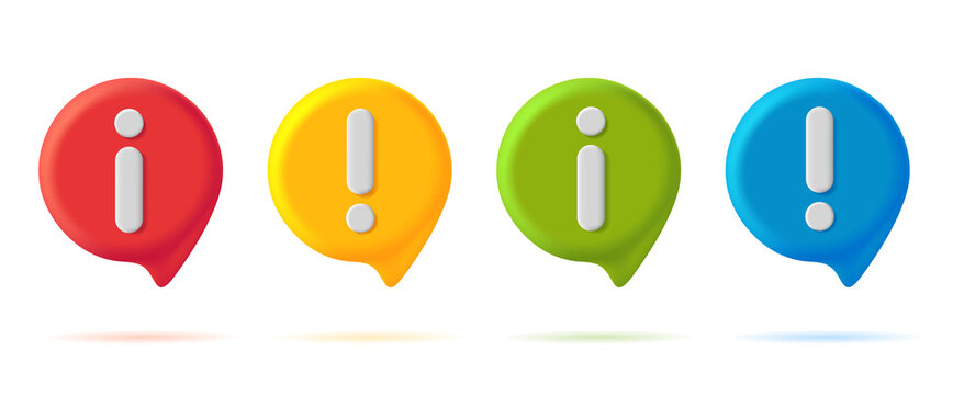 Set of 3d digital icons with info and warning notification sign in different colors