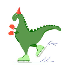 A charming cartoon dinosaur skating isolated on a white background.Vector illustration.It can be used in children's textiles, postcards, packages.