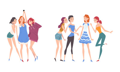 Obraz premium Group of Female Friend Spending Time Together Taking Selfie and Gossiping Vector Illustration Set